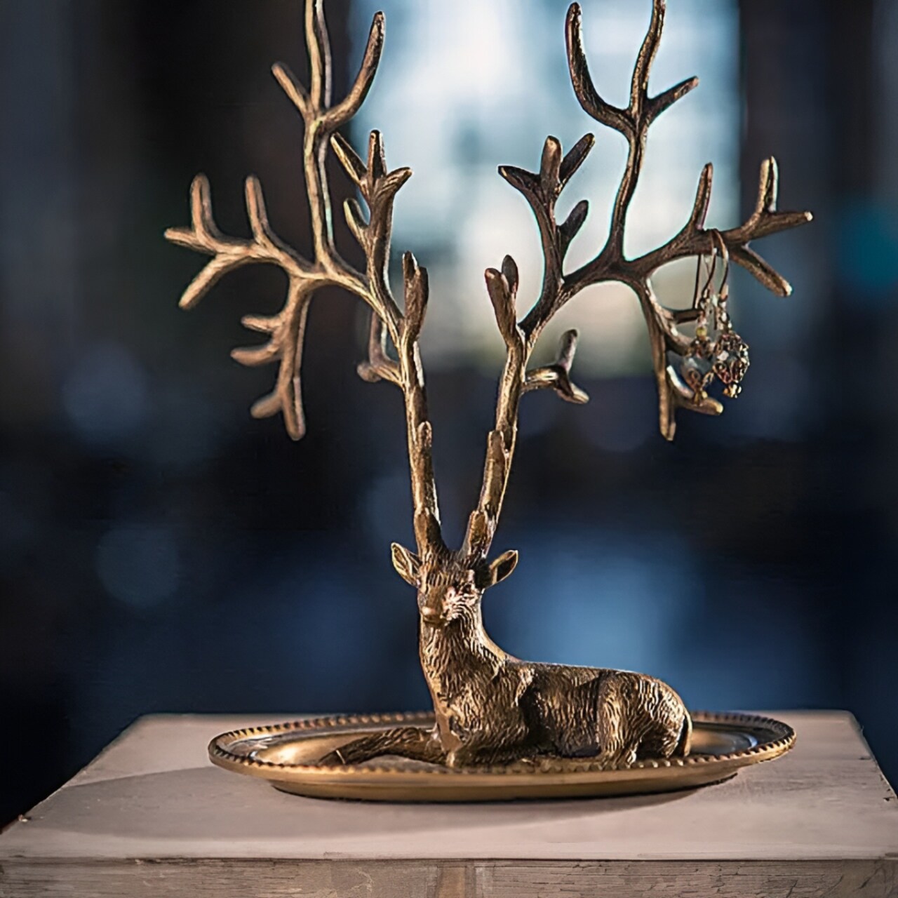 Antiqued Brass Deer Jewelry Holder Stag Ring Necklace Organizer Tabletop Decor